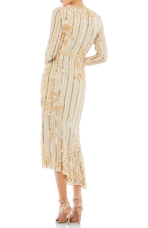 Mac Duggal Hand Embellished Asymmetrical Long Sleeve Midi Dress In Nude Gold