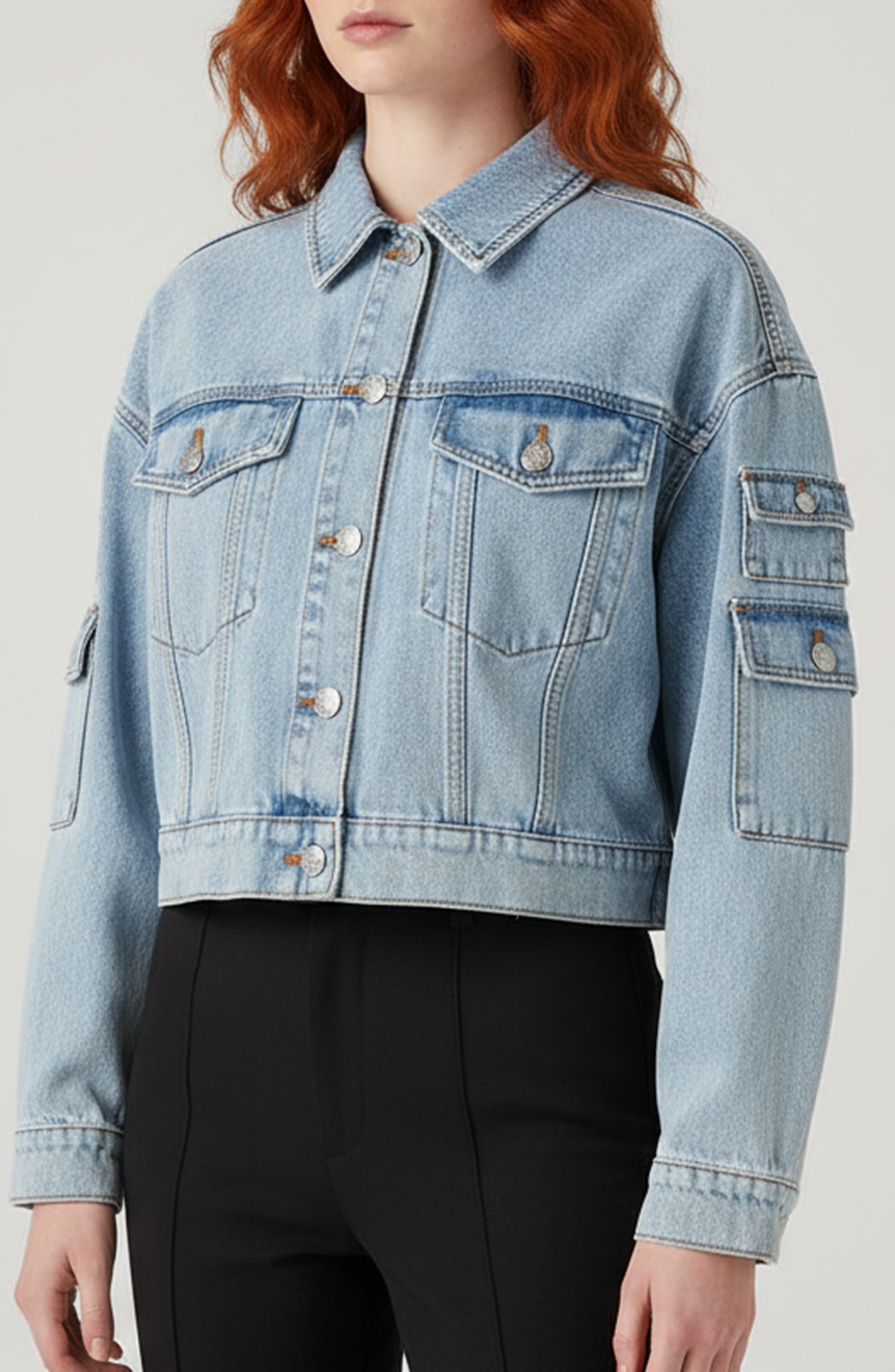 bebe The Cargo Crop Denim Jacket