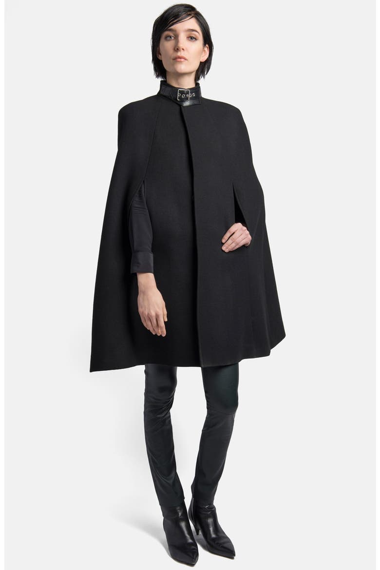 Leather Collar Wool Blend Cape, Main, color, BLACK