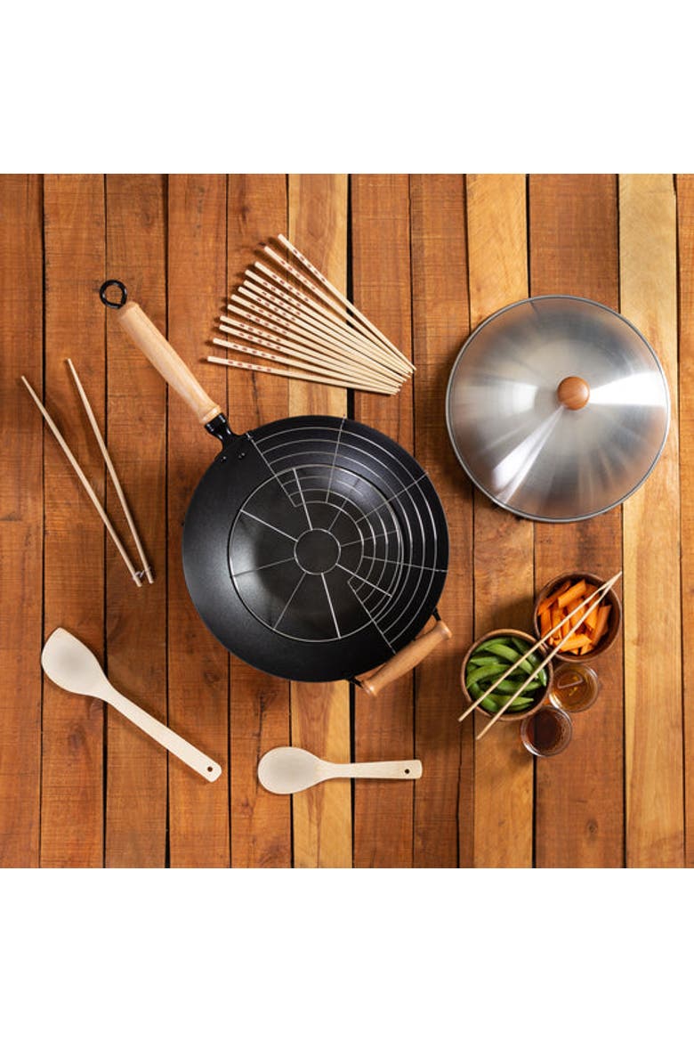 Carbon Steel Ceramic Nonstick Flat Bottom Wok Set with Lid and Maple Handles, 10 Pieces, Alternate, color, Black