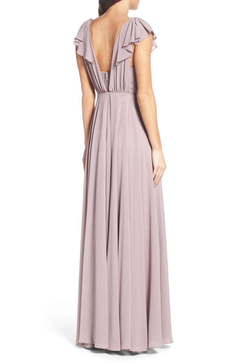 Lulus Flutter Sleeve Chiffon Gown, Alternate, color, 