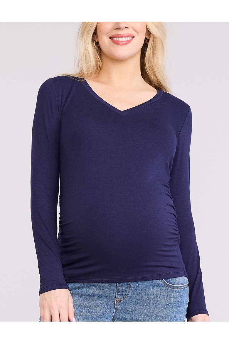 V-Neck Side-Ruched Maternity Long Sleeve Tee, Main, color, Peacoat