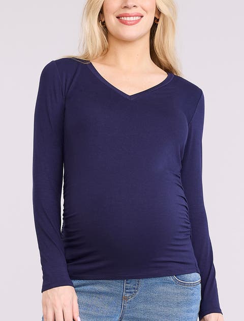 V-Neck Side-Ruched Maternity Long Sleeve Tee