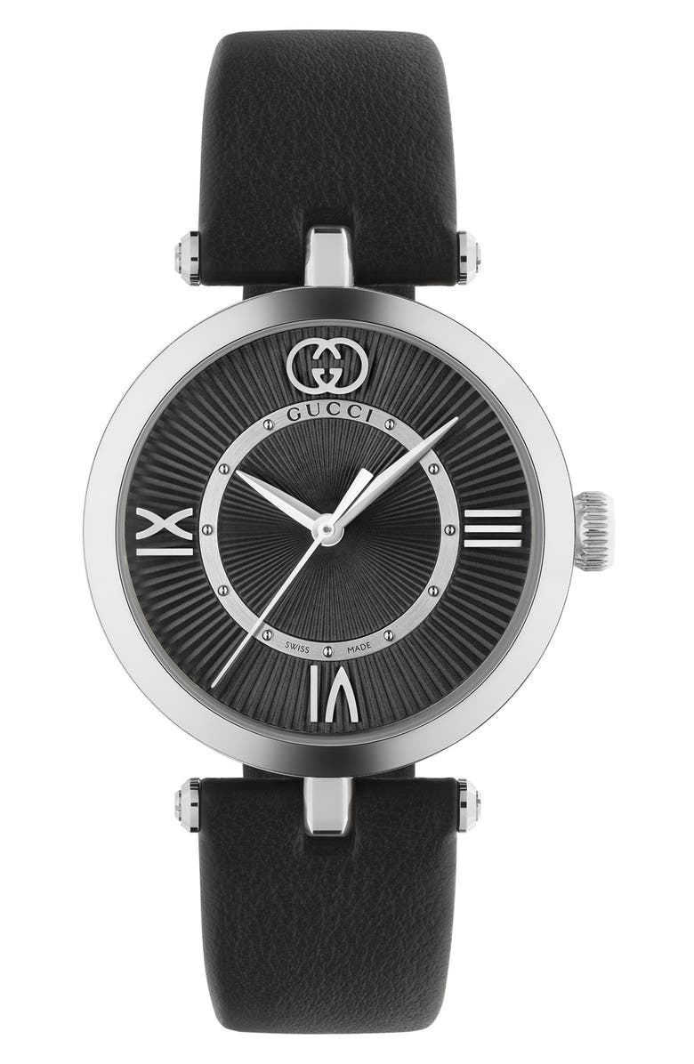 Gucci Model 2000 Leather Strap Watch, 30.5mm, Alternate, color, Black/ Silver