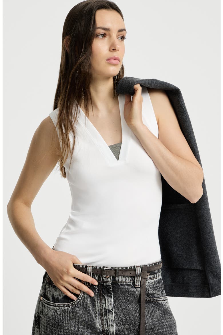 Stretch cotton jersey T-shirt with precious faux-layering, Alternate, color, White