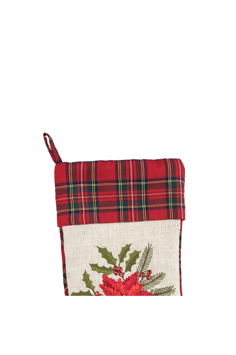 20" Merry Poinsettia Christmas Hanging Large Stocking with Plaid Cuff, Alternate, color, Brown