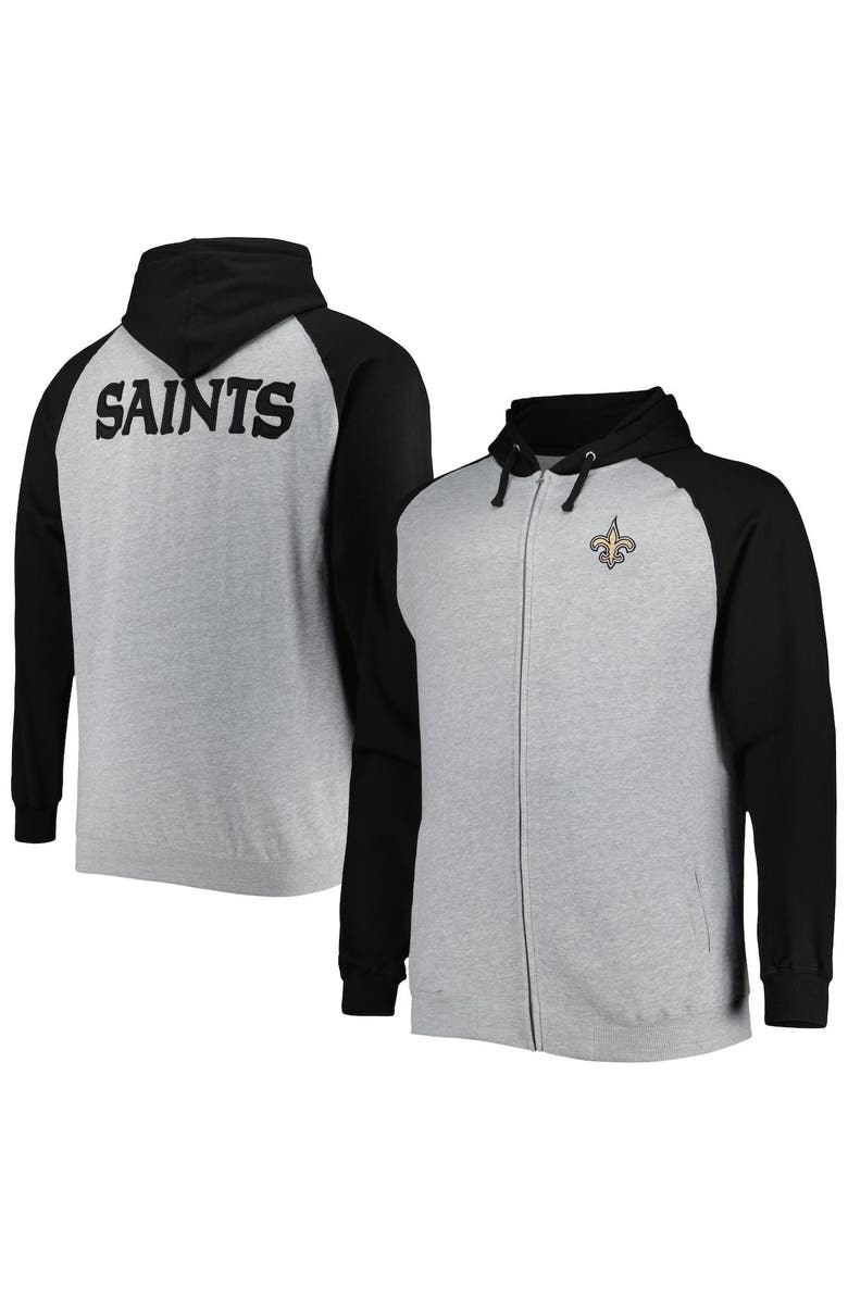 PROFILE Men's Heather Gray New Orleans Saints Big & Tall Fleece Raglan Full-Zip Hoodie Jacket, Main, color, 