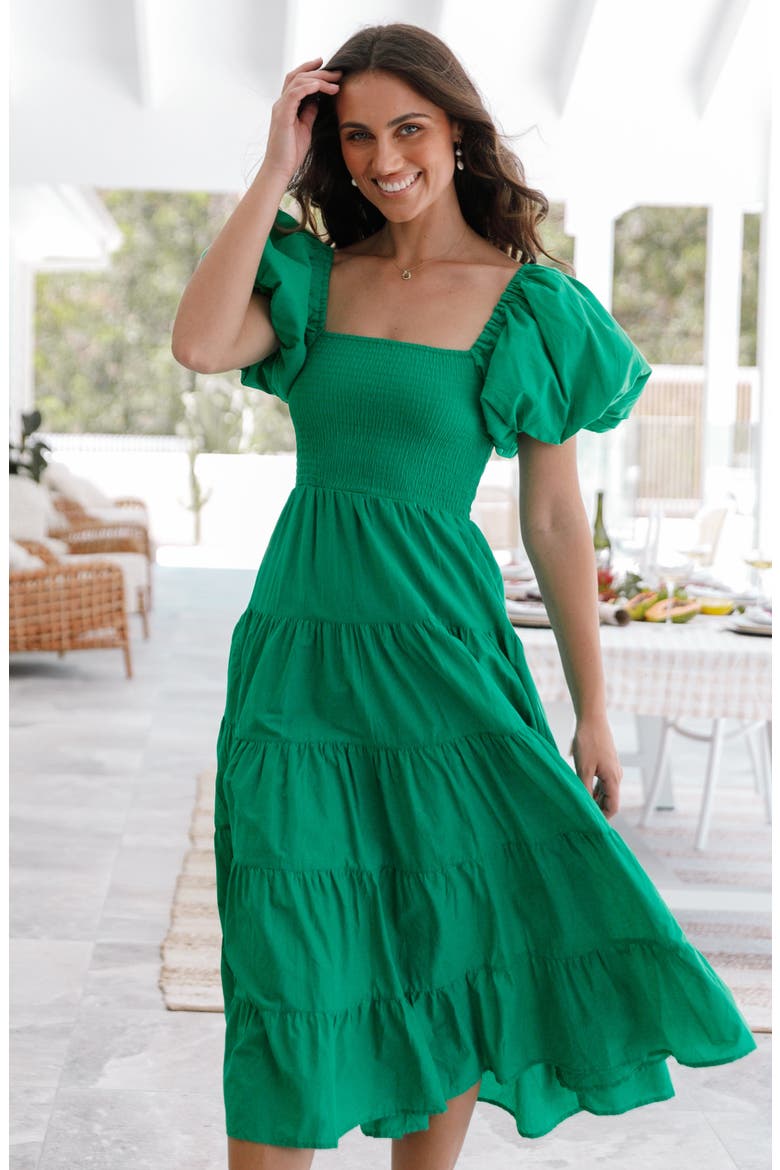 Annette Puff Sleeve Midi A-Line Dress, Alternate, color, GREEN
