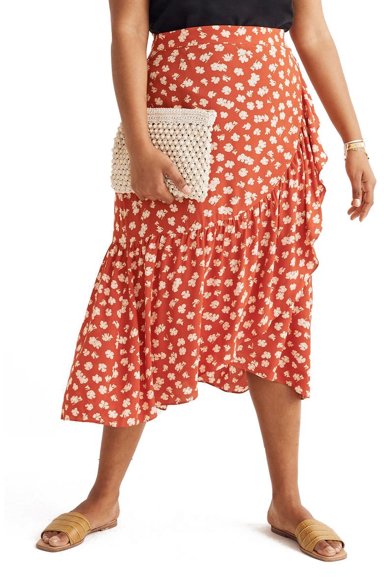 Happy Hibiscus Ruffle Faux Wrap Midi Skirt, Main, color, SMALL ALOHA THAI CHILI