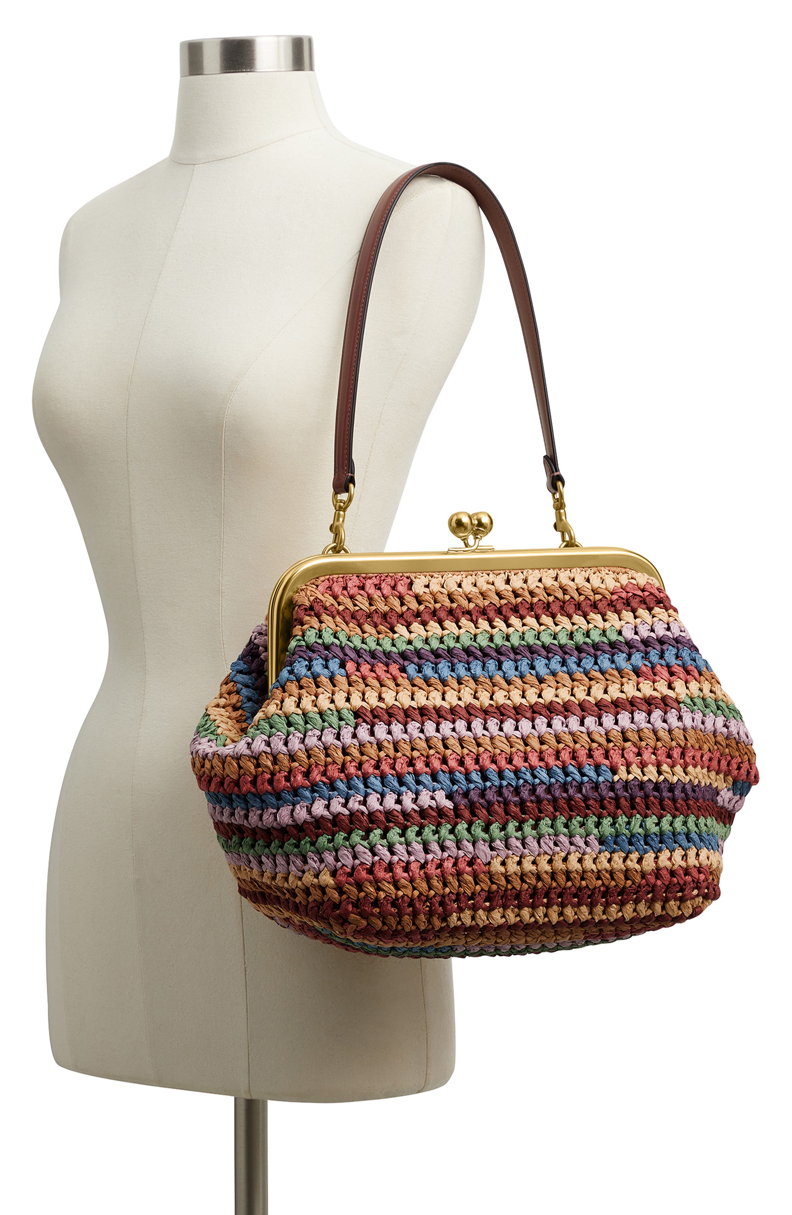 COACH Kiss Lock Frame Large Weave Straw Clutch, Alternate, color, Multicolored