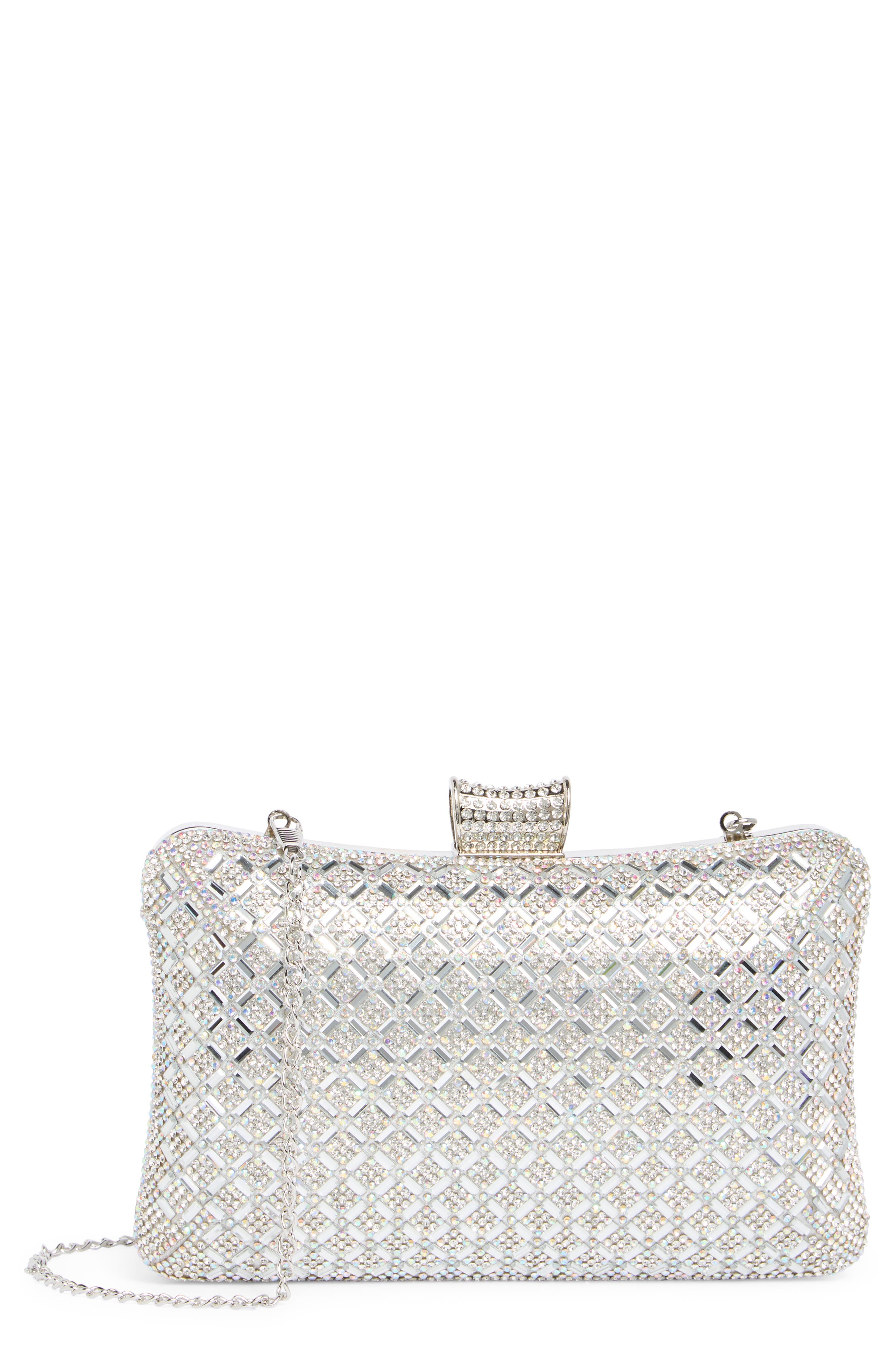 ALESSIA BIANCHI Rhinestone Embellished Metallic Clutch, Main, color, Platinum