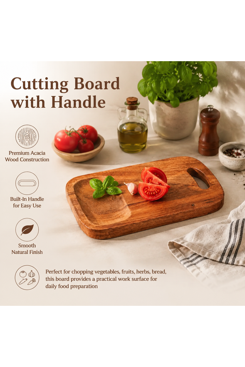 Handmade Acacia Wood Cutting Board with Handle, Alternate, color, Natural Wood