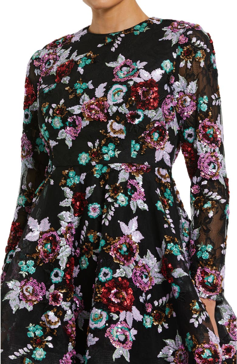 Mac Duggal High Neck Long Sleeve Sequin A Line Mini Dress, Alternate, color, Black Multi