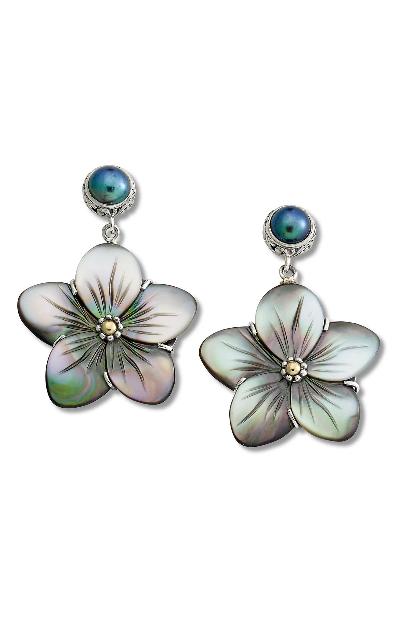 SAMUEL B. Sterling Silver & 18K Gold Grey Shell Drop Earrings