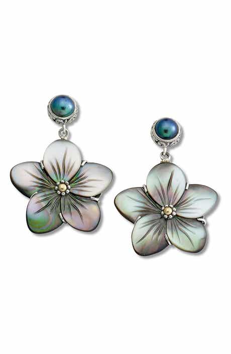 SAMUEL B. Sterling Silver & 18K Gold Grey Shell Drop Earrings