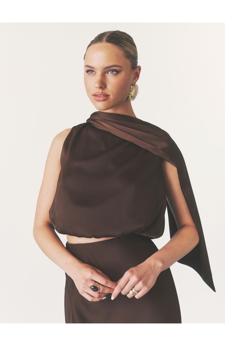 Six Stories Satin Drape Detail High Neck Top, Main, color, Chocolate