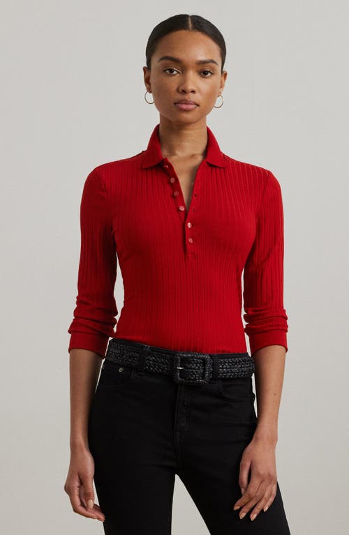 Ralph Lauren Rib-knit Three-quarter-sleeve Polo Shirt In Red
