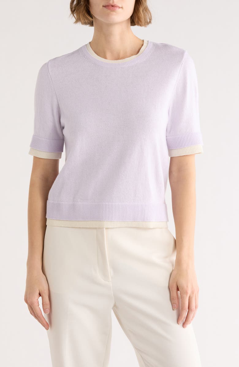 French Connection Layered Crewneck Short Sleeve Sweater, Main, color, Ice Lilac/ Cream