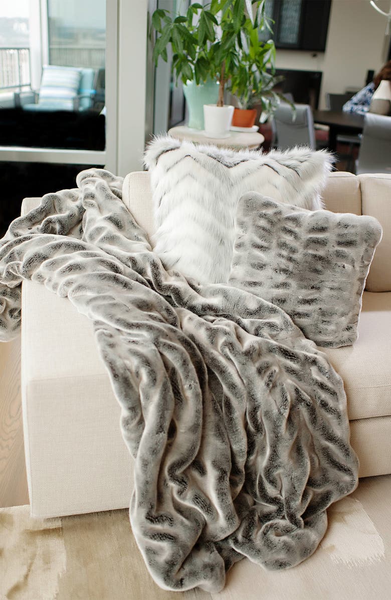 DONNA SALYERS FABULOUS FURS Gralcier Grey Faux Fur Couture Throw Blanket, Alternate, color, 