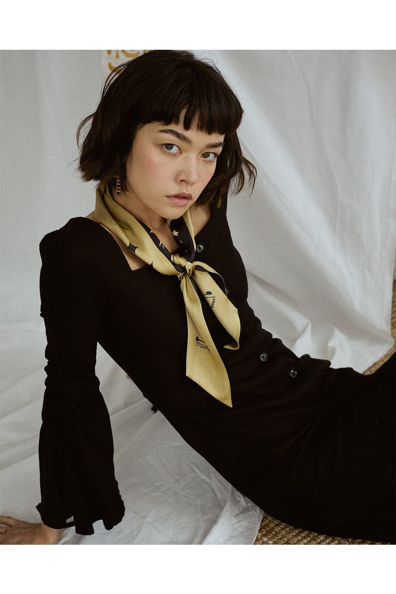 "Moonlit Stars" Silk Neck Bow Scarf, Alternate, color, Gold and Black