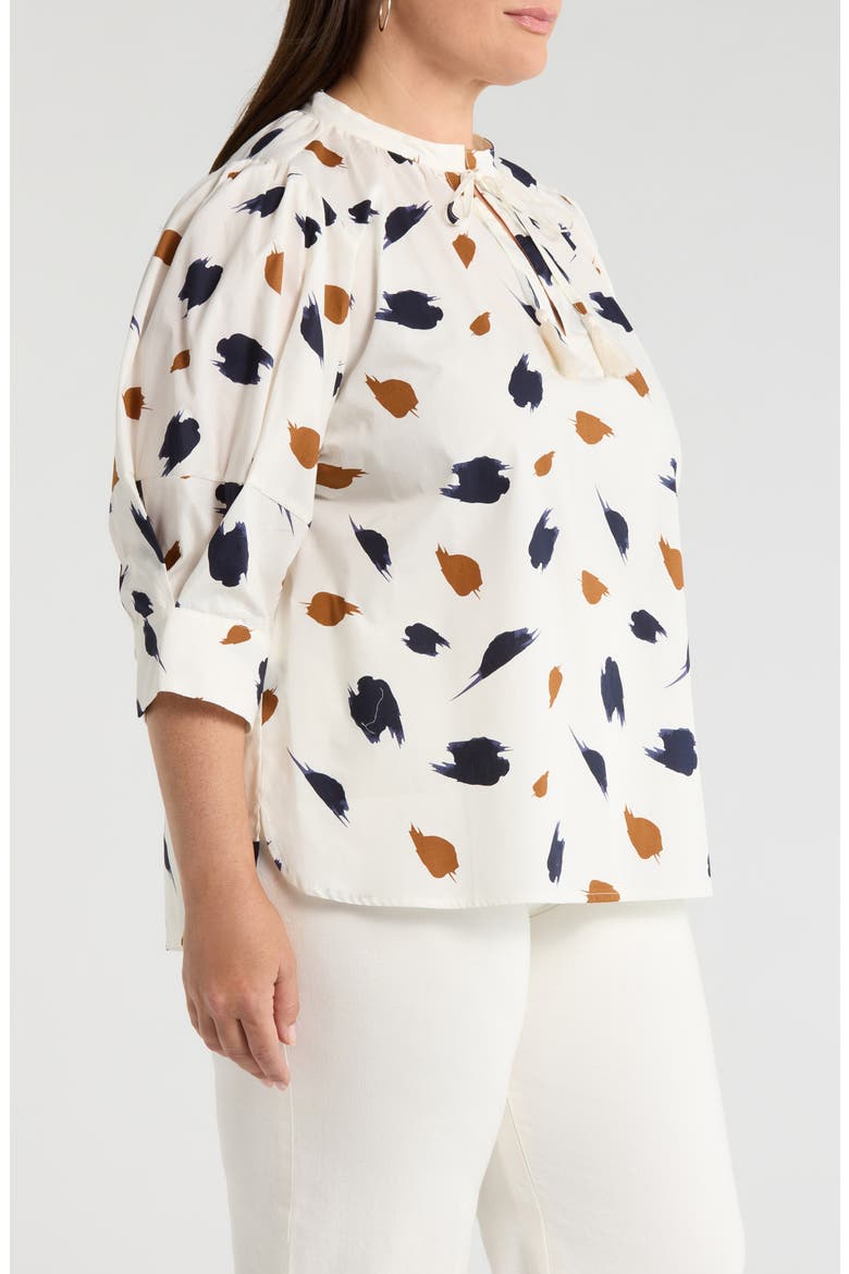 Devania Brush Irina Tie Split Neck Top, Alternate, color, IVORY/ NAVY-MULTI