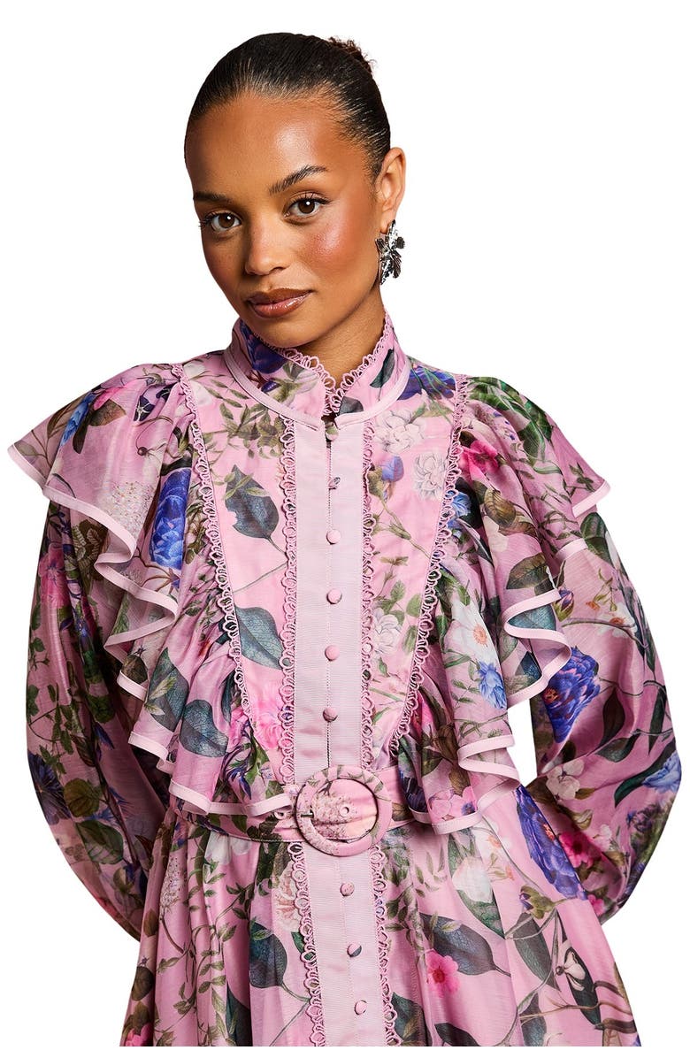 Coast Petite Organza Trim Printed Midi Dress, Alternate, color, Pink