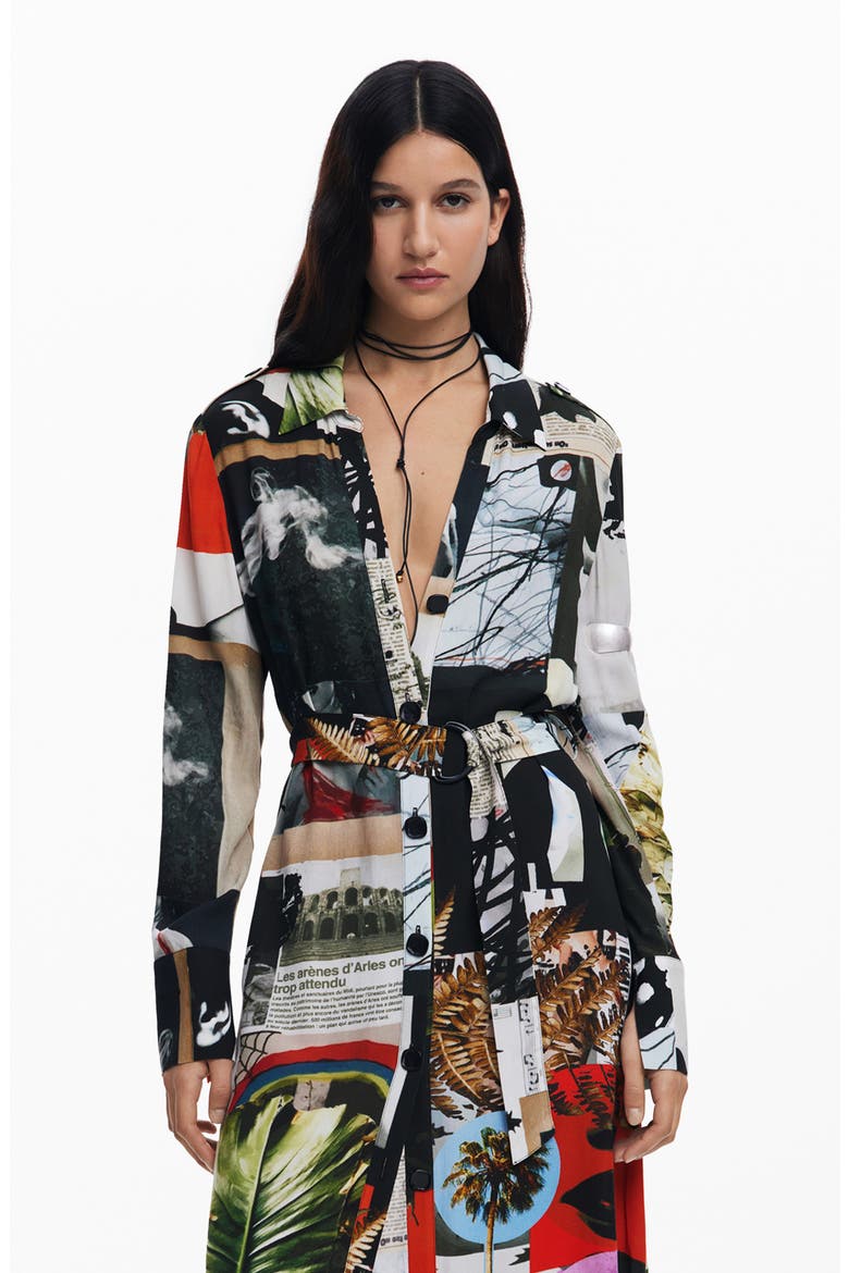 Belted Long Sleeve Crepe Maxi Shirtdress, Alternate, color, WHITE MULTI