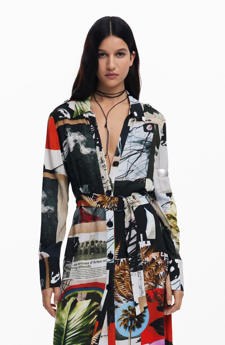 Desigual Belted Long Sleeve Crepe Maxi Shirtdress, Alternate, color, White Multi