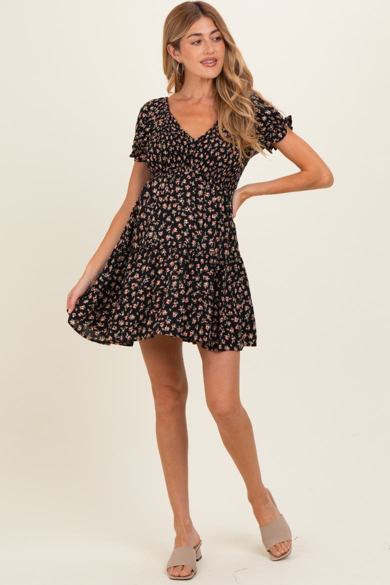 Floral Smocked V-Neck Puff Sleeve Dress, Alternate, color, Black