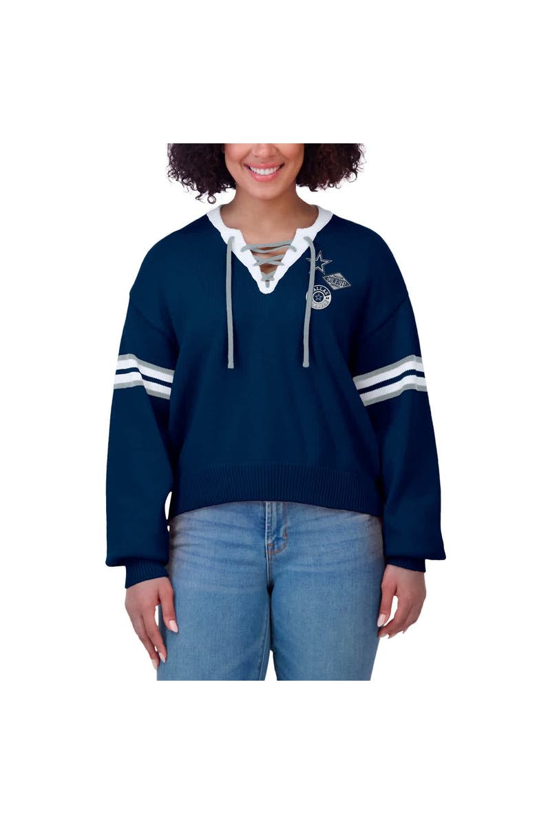 WEAR by Erin Andrews Women
s WEAR by Erin Andrews Navy Dallas Cowboys Lace-Up Pullover Sweatshirt, Alternate, color, Navy