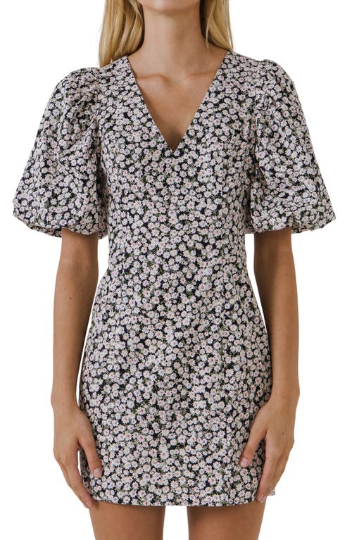 Free The Roses Embroidered Floral Print Puff Sleeve Minidress In Black