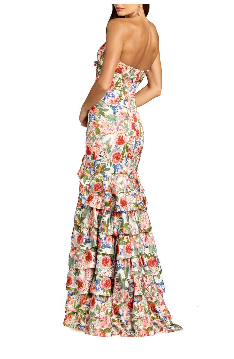 Mac Duggal Strapless Floral Charmeuse Ruffle A Line Gown, Alternate, color, Ivory Multi