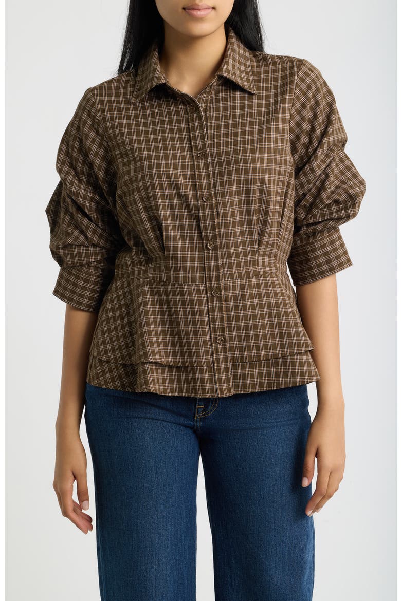 Plaid Ruched Sleeve Peplum Shirt, Main, color, COLD BREW MULTI