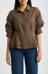 Wit & Wisdom Plaid Ruched Sleeve Peplum Shirt
