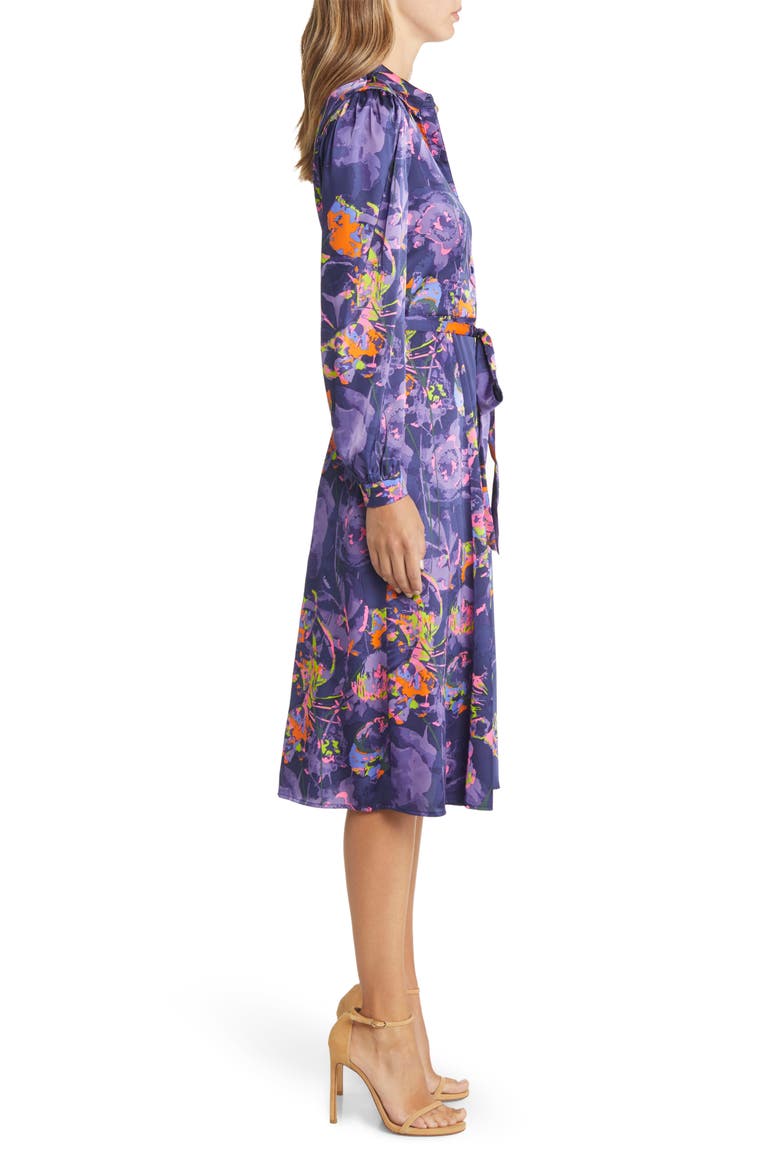 Neon Floral Long Sleeve Tie Waist Shirtdress, Alternate, color, NAVY