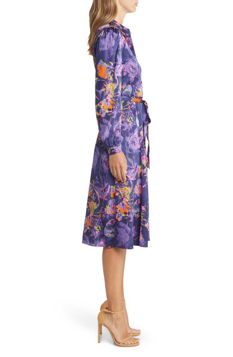 Chi Chi London Neon Floral Long Sleeve Tie Waist Shirtdress, Alternate, color,