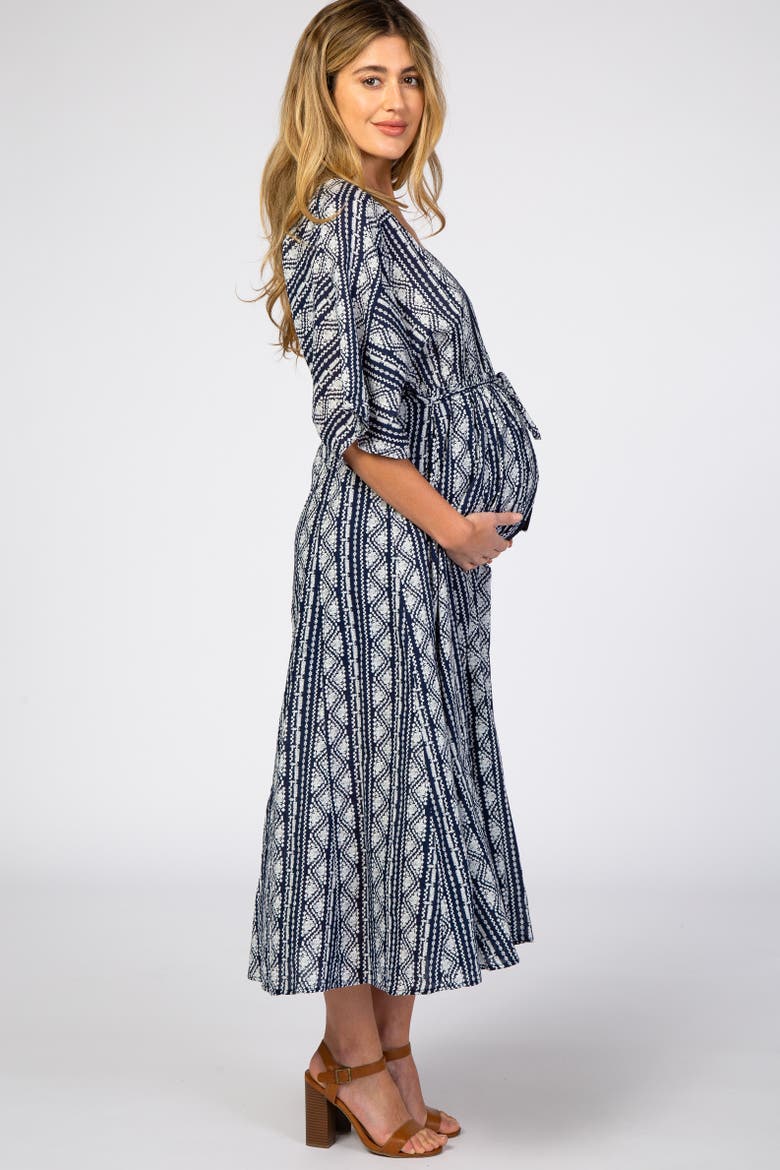 Printed V-Neck Midi Dress, Alternate, color, Navy Blue