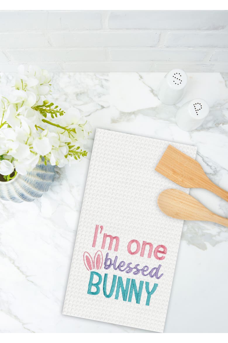 "I'm One Blessed Bunny" Easter Rabbit Embroidered Cotton Waffle Weave Kitchen Dishtowel, Alternate, color, White