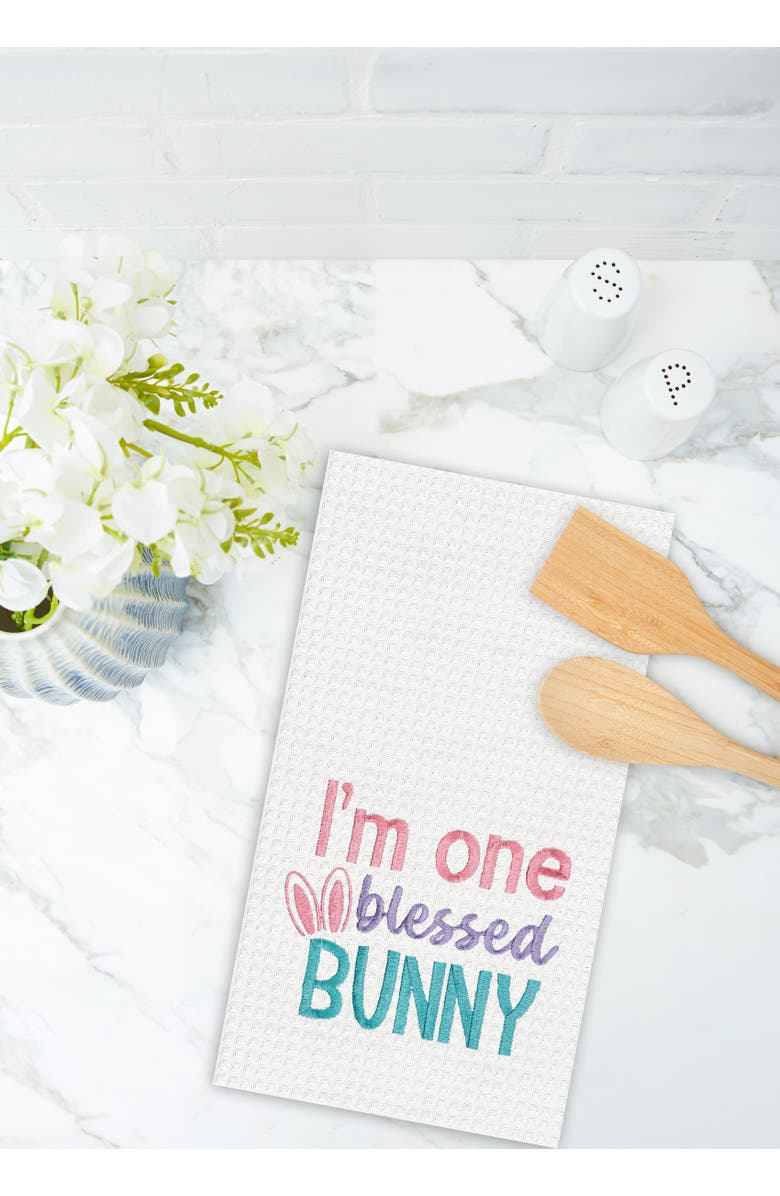 C&F Home "I'm One Blessed Bunny" Easter Rabbit Embroidered Cotton Waffle Weave Kitchen Dishtowel, Alternate, color, White