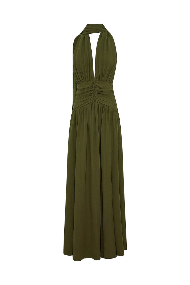 Arella Deep Plunge Halter Maxi Dress, Alternate, color, Olive