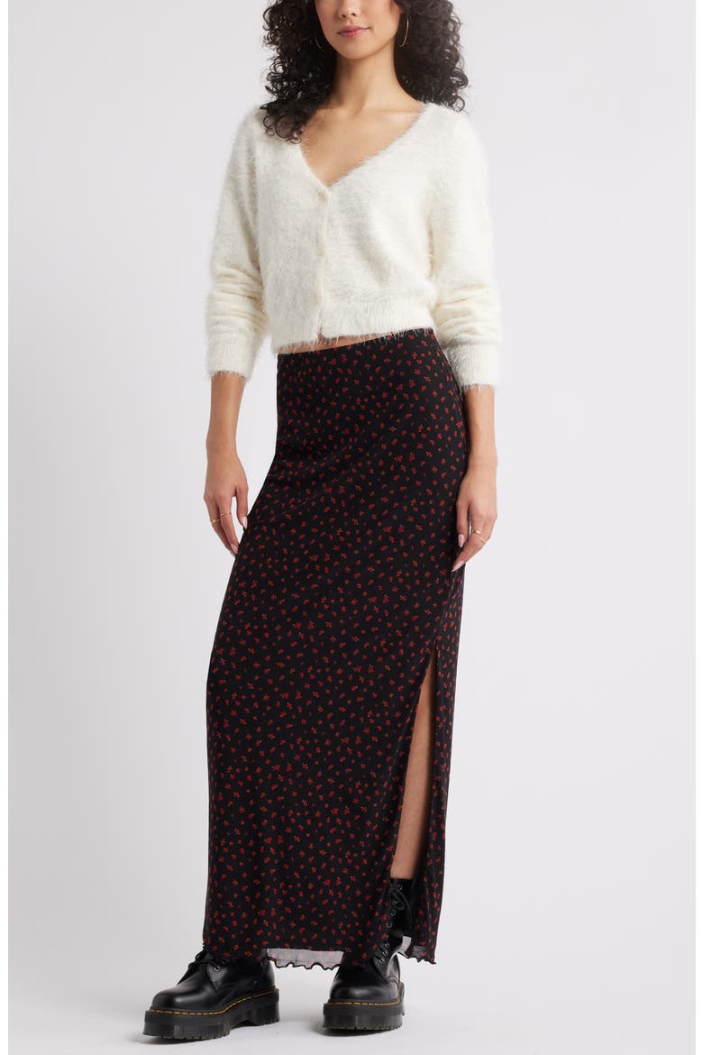 Printed Mesh Maxi Skirt, Alternate, color, BLACK- RED DITSY PRINT