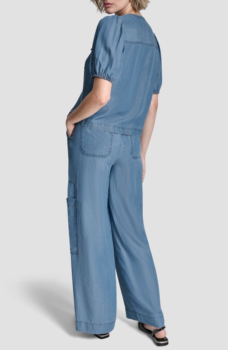 DKNY Zip Shoulder Denim Puff Sleeve Blouse, Alternate, color, Stream Wash