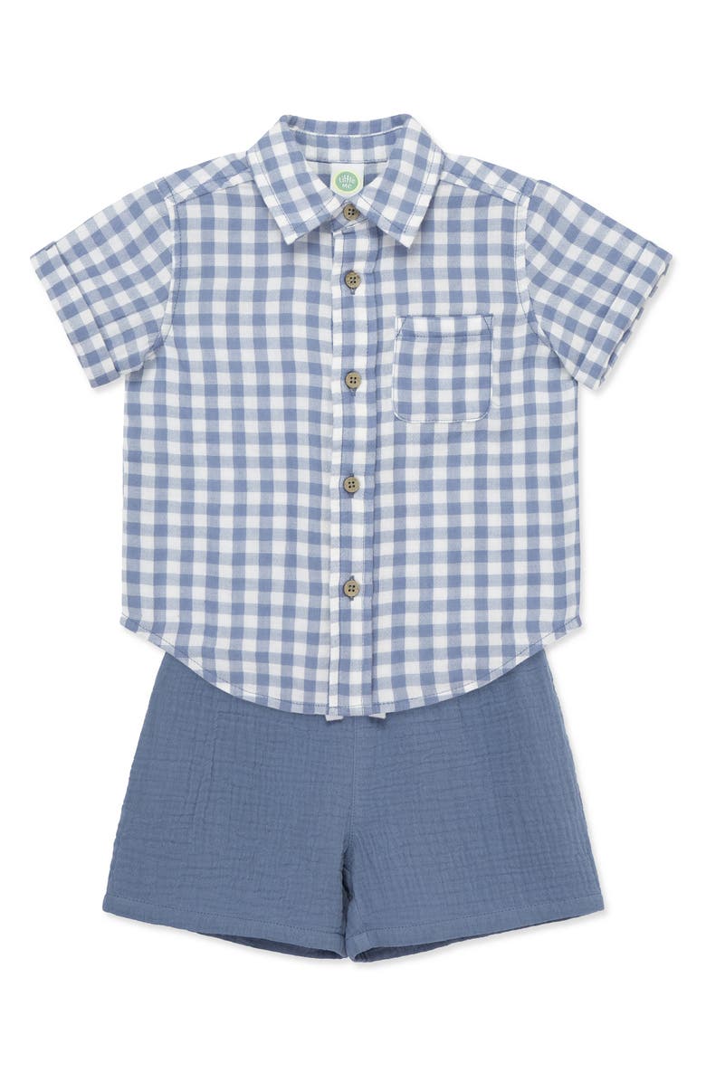 Little Me Gingham Cotton Button-Up Shirt & Shorts Set, Alternate, color, Blue