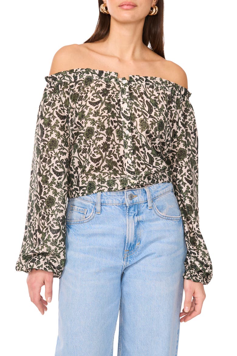 Floral Off the Shoulder Button-Up Top, Main, color, DARK GREEN