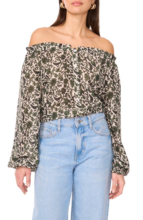 Two By Vince Camuto Floral Off The Shoulder Button-up Top In Dark Green