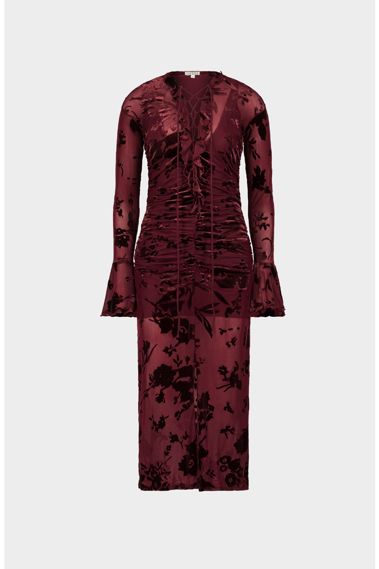 Flocked Mesh Dress, Main, color, Burgundy