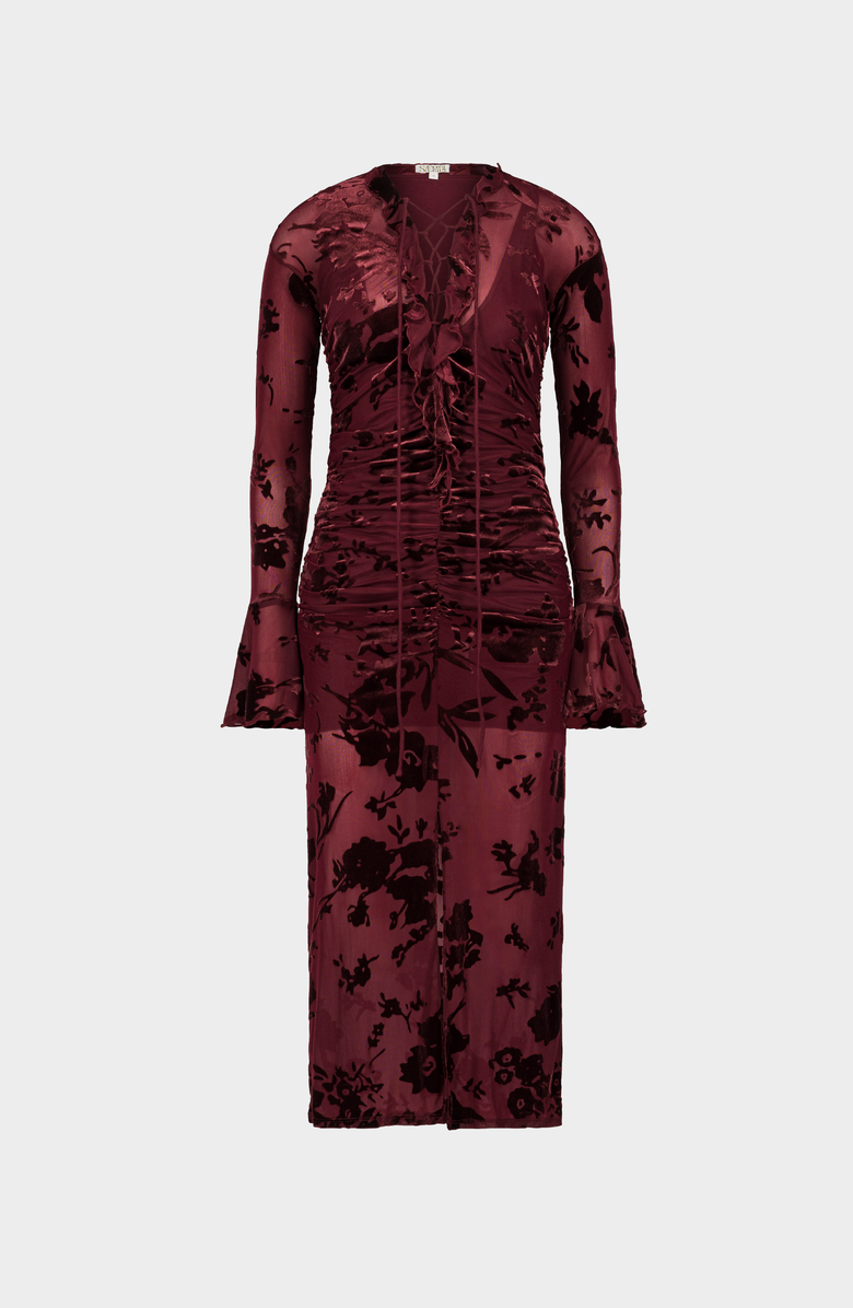 SAEMDI Flocked Mesh Dress, Main, color, Burgundy