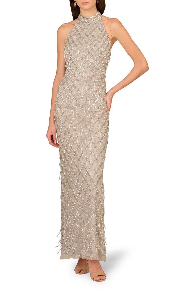 Aidan Mattox By Adrianna Papell Beaded Halter Column Gown 