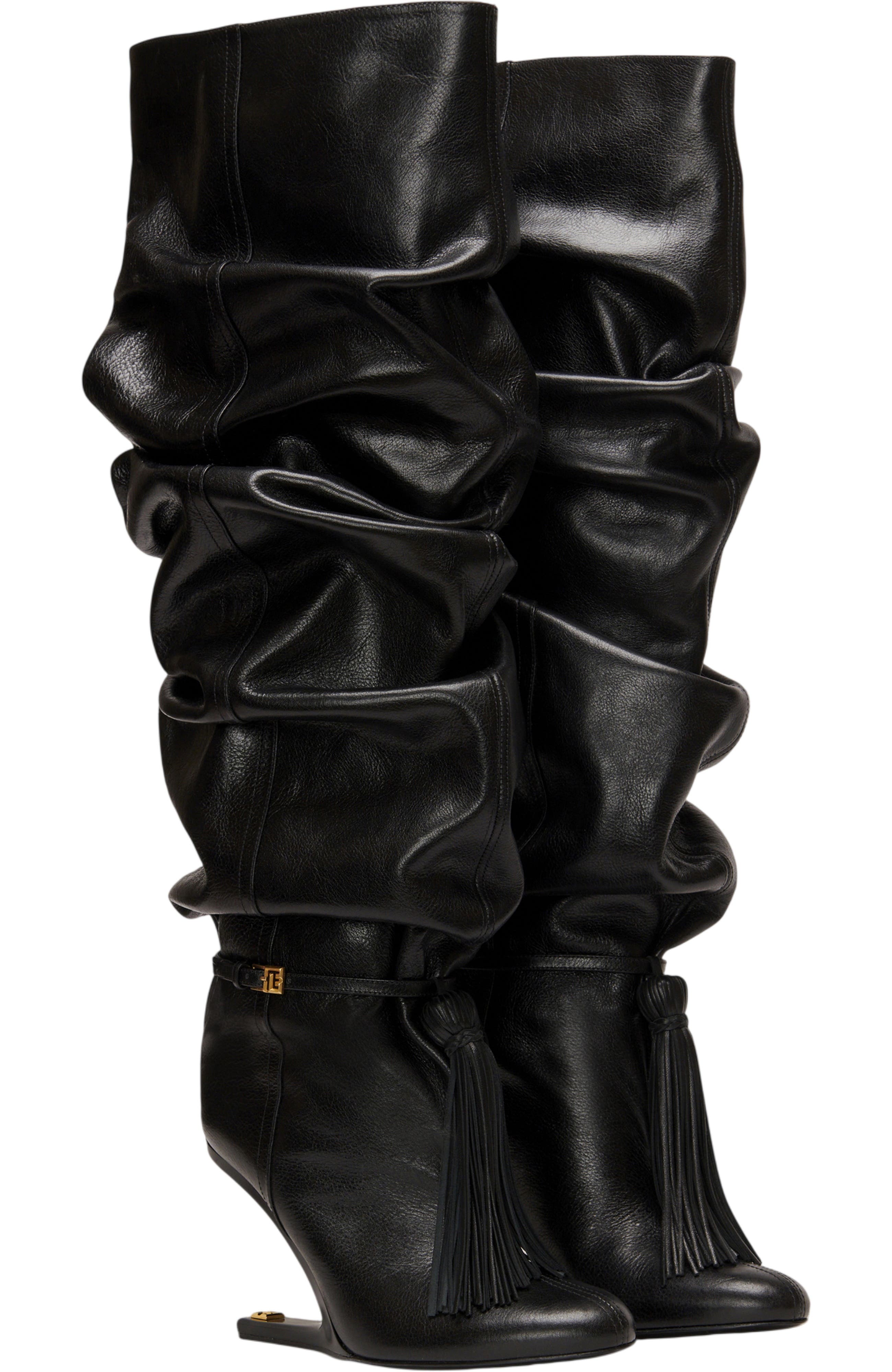 Balmain No Wedge textured leather thigh-high boots with tassel, Main, color, Black