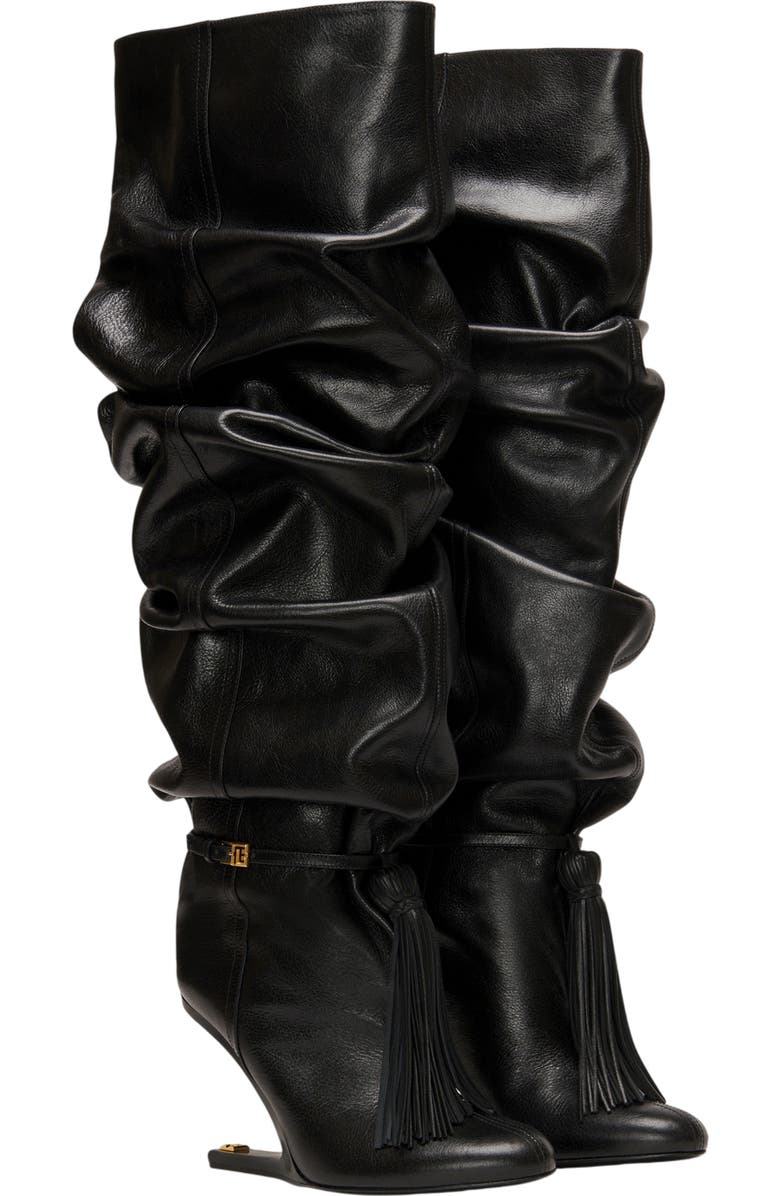 Balmain No Wedge textured leather thigh-high boots with tassel, Main, color, Black